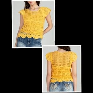 Miss Me Cropped Crochet Yellow Mustard Knit Top Sz M (cami not included)